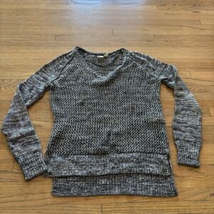 Roxy Womens XS Black White Marled Open Knit V-Neck Sweater Long Sleeve High Low